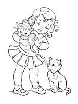 coloriage fillette et ses deux chatons